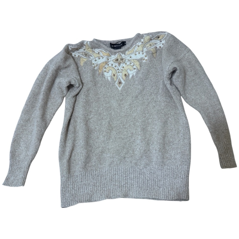 Gray Crew Neck Sweater with Embellished Neckline